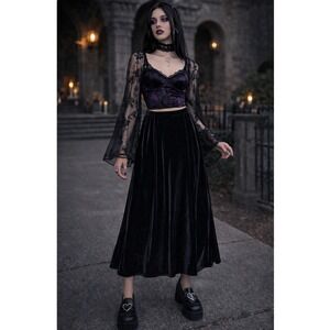 Vintage Y2K Velvet Maxi Skirt Women XL Goth Fairy Grunge Witchy Black 32x36"Long